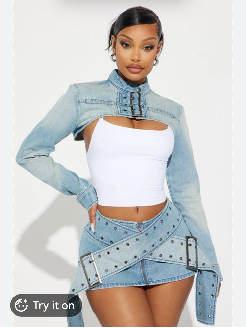 Light Wash Denim Cut-Out Bolero Jacket with Studded Belt Skirt concert outfit